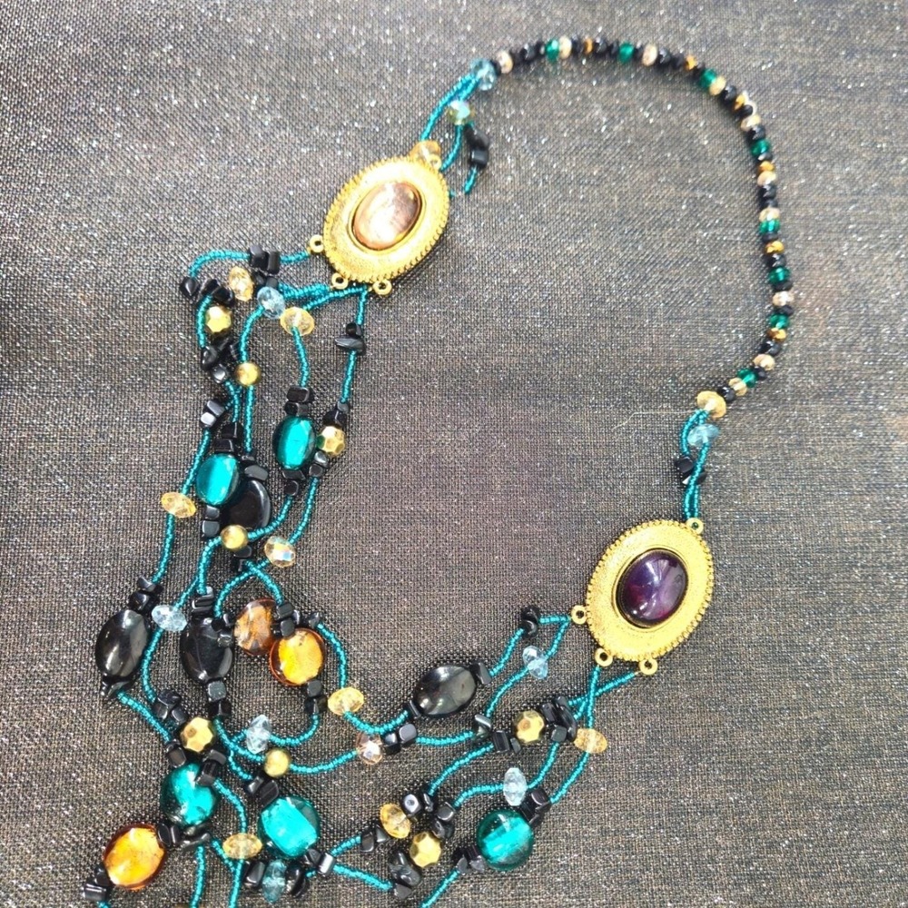 Vintage Handmade Teal Gold Multi Strand Beaded Statement Necklace Faux Gemstones